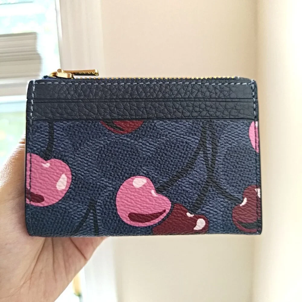 Coach Card Holder Wallet In Signature Canvas With Cherry Print CZ448 Navy blue